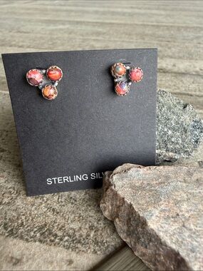 Pink Dahlia Three Stone Stud Earrings